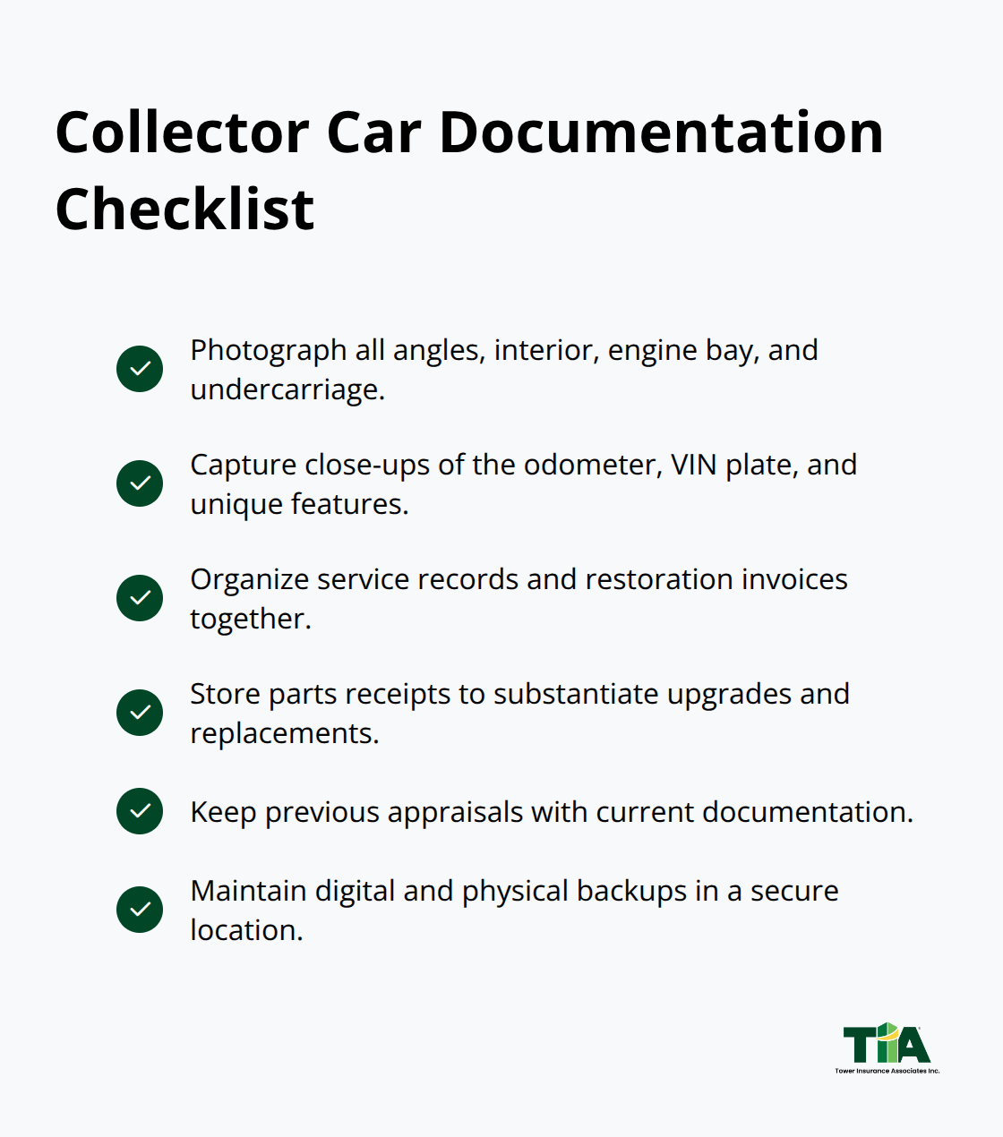 Checklist of photos, records, and receipts needed to support agreed-value coverage and claims.