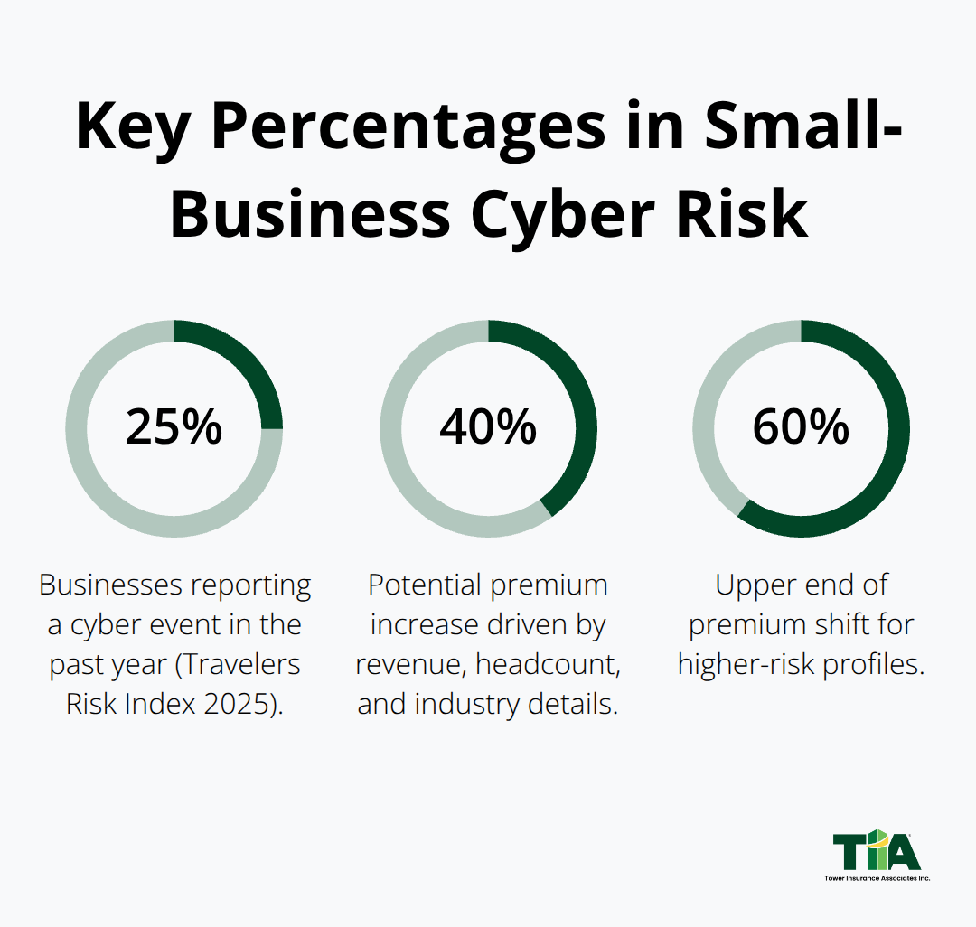 Chart showing cyber event prevalence and premium shift percentages for U.S. small businesses - Business cyber liability quotes
