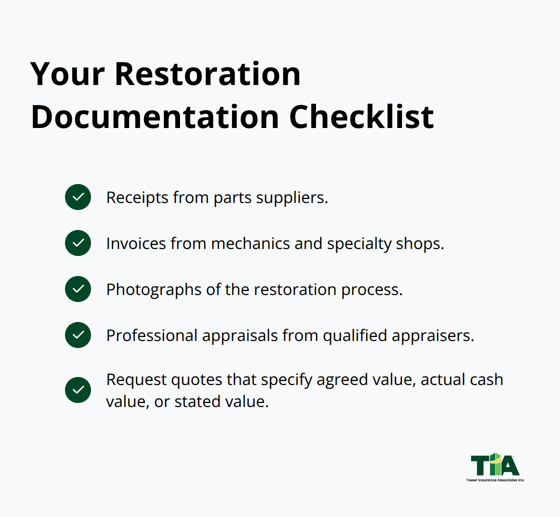 Checklist of documents to support agreed value for a classic car policy.