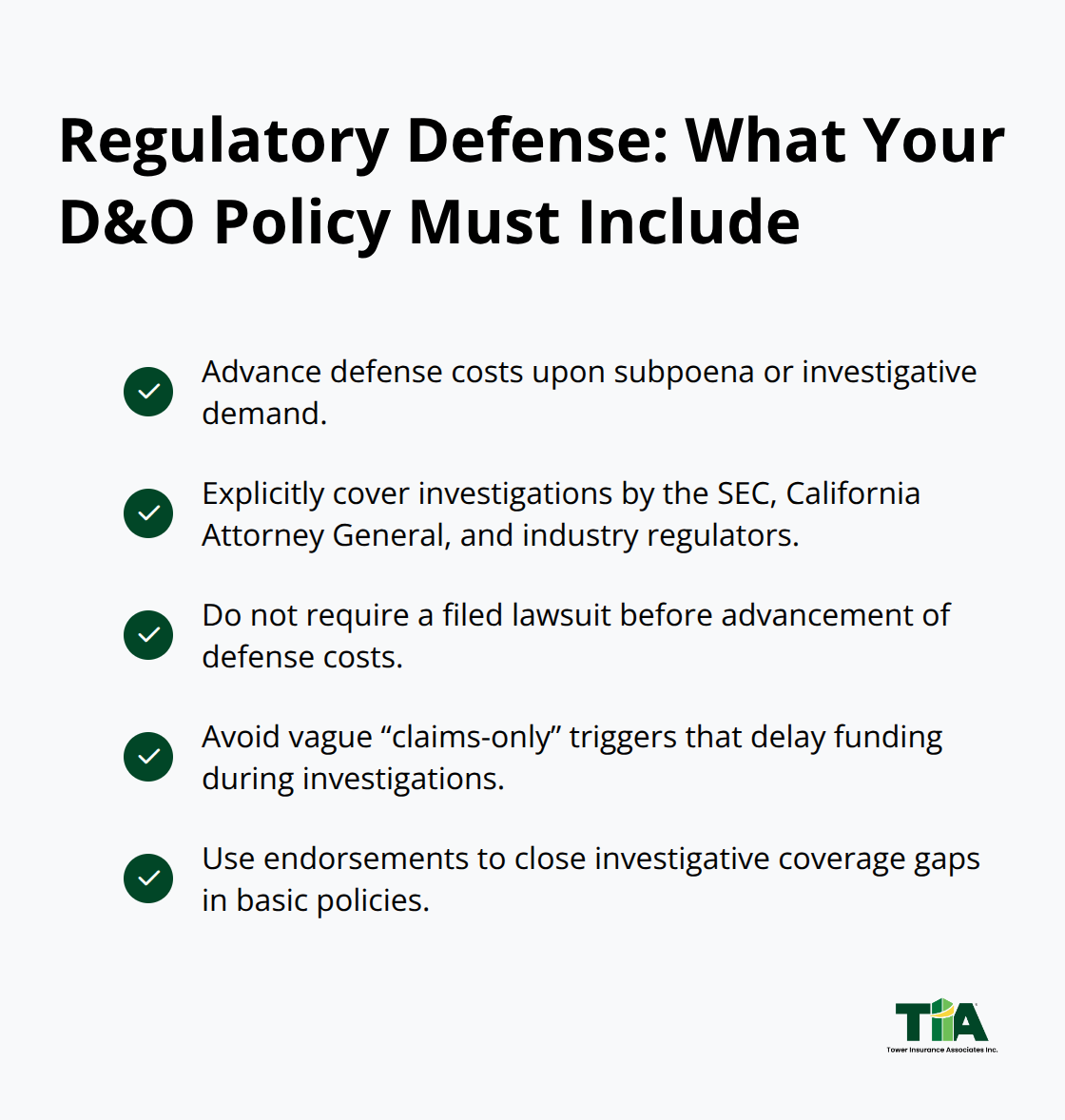 Checklist of must-have regulatory defense features for California D&O policies