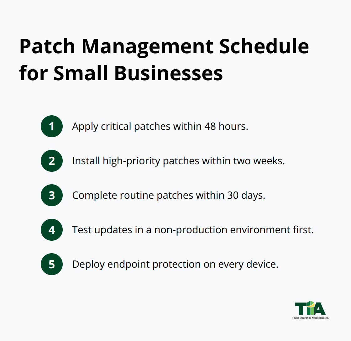 Ordered list of patch management timelines and practices for small businesses.