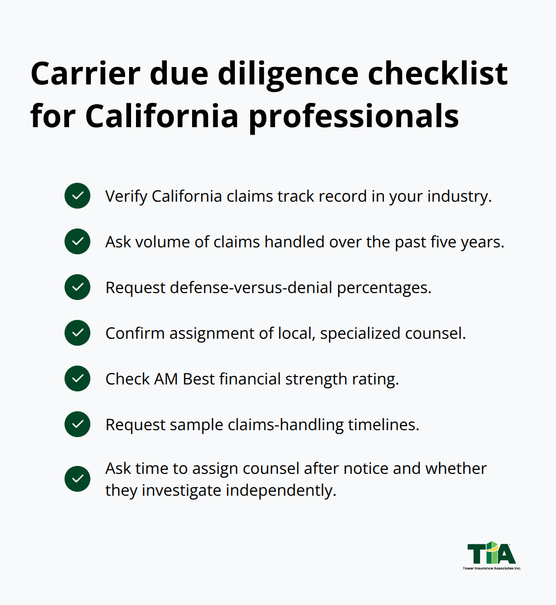 Checklist of questions to evaluate insurer stability and claims support in California