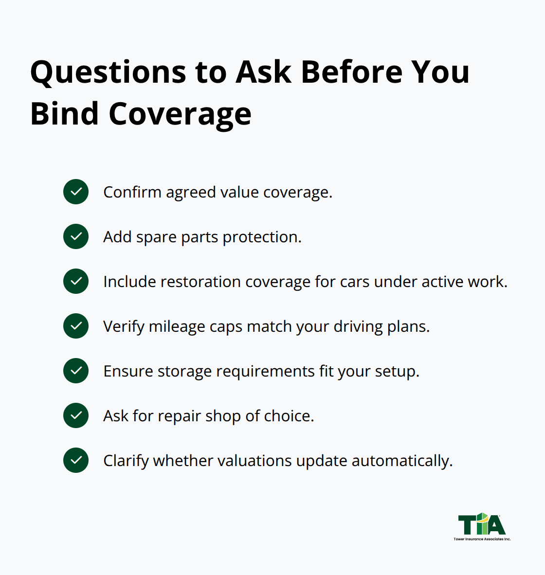 Checklist of key questions to ask insurers about classic car coverage. - Classic car policy guide