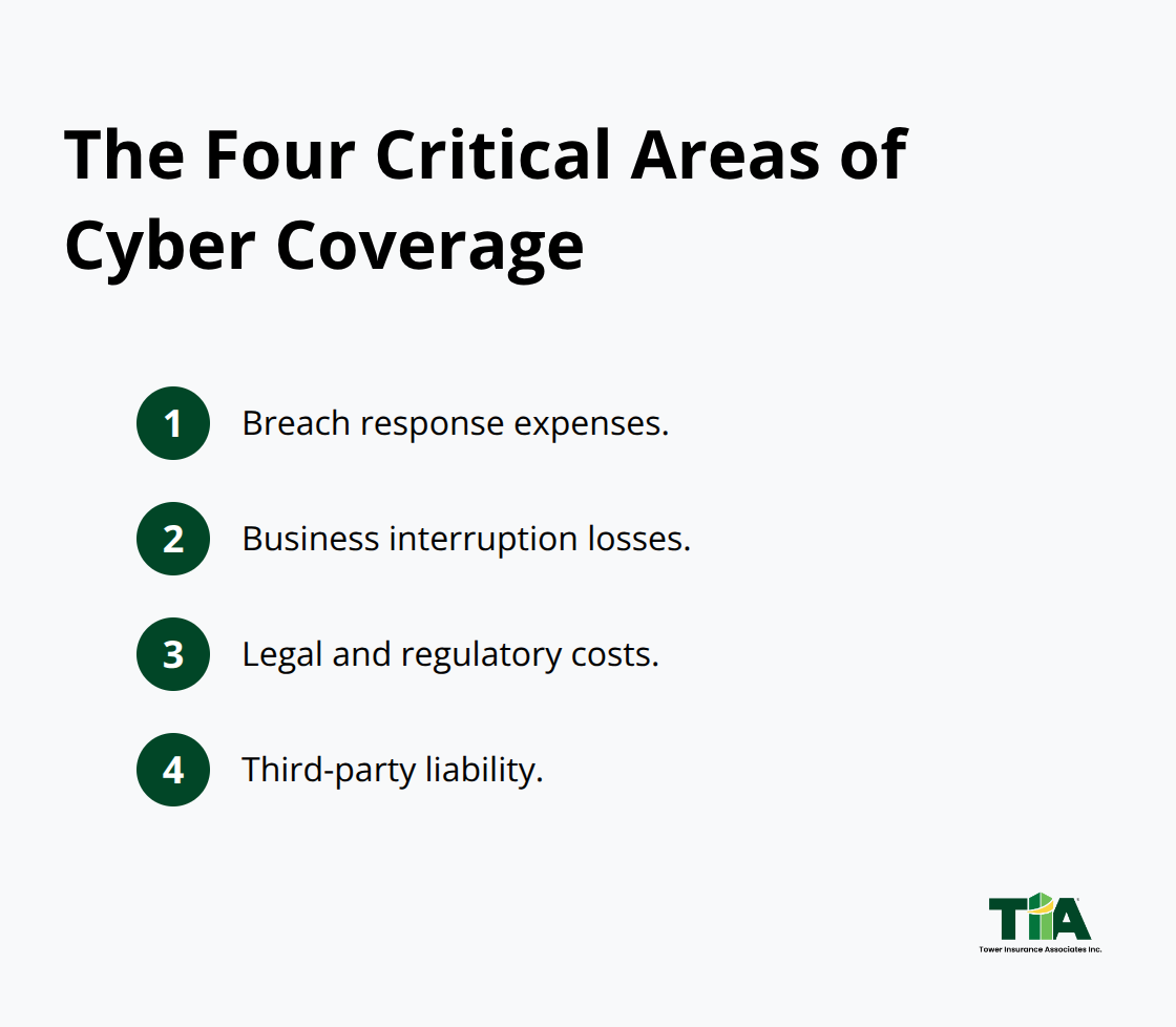 Infographic listing the four key areas covered by commercial cyber insurance for California businesses.