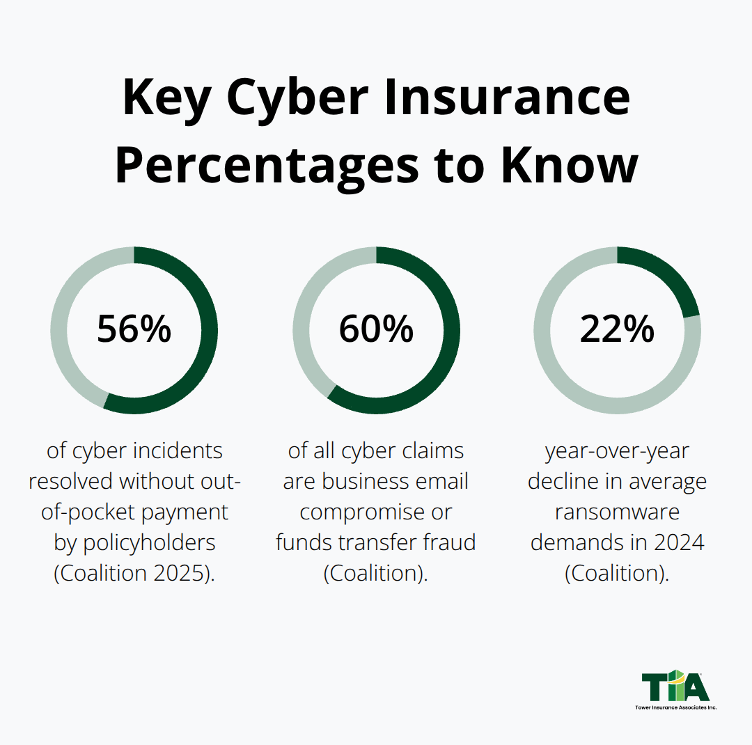 Percentage chart highlighting three key cyber insurance statistics for California businesses. - Commercial cyber insurance California