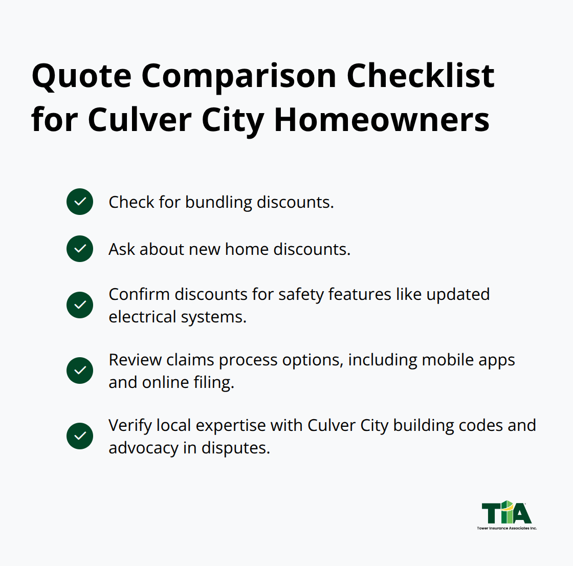 Checklist of items to evaluate when comparing Culver City homeowners insurance quotes.
