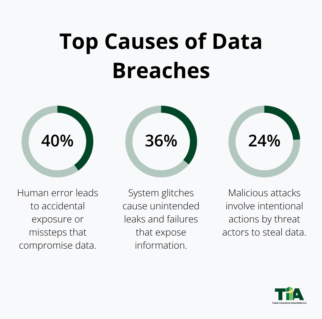 Percent breakdown of breach causes: human error, system glitches, malicious attacks