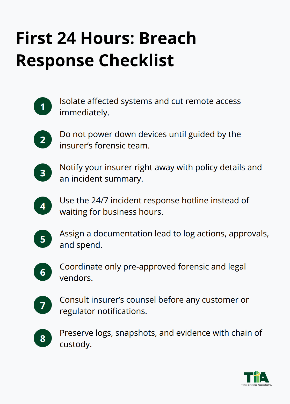 Compact checklist of immediate breach response steps for Southern California businesses - LA cyber claims guide