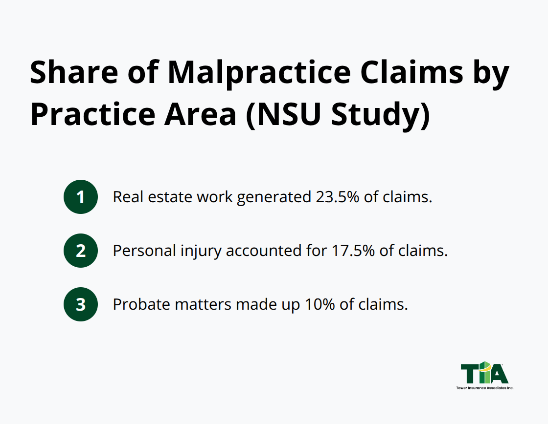 Top practice areas by share of legal malpractice claims from the NSU study.