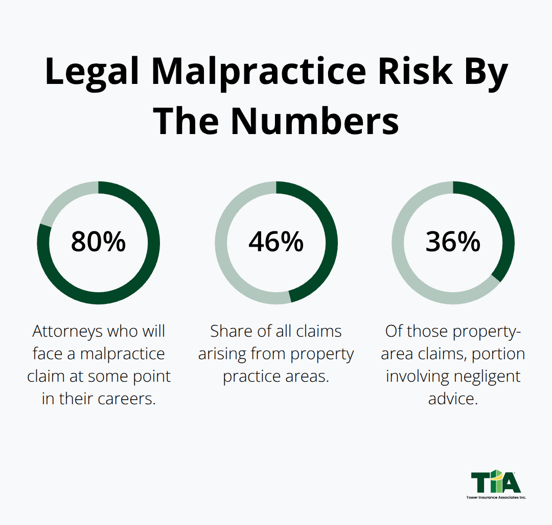 Chart showing 80% of attorneys face a malpractice claim, 46% of claims are in property practice areas, and 36% involve negligent advice within those claims. - Legal professional liability
