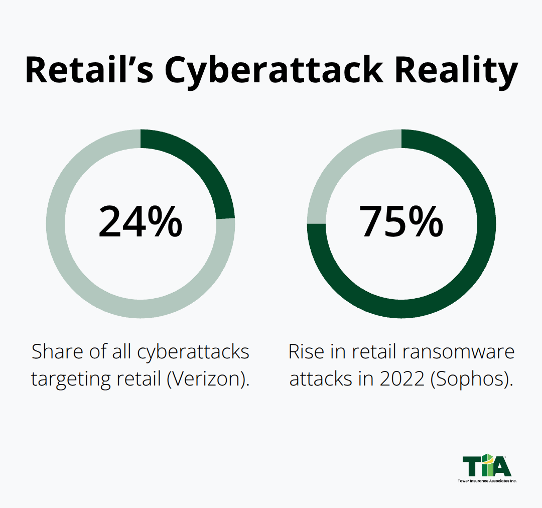 Chart showing 24% of cyberattacks target retail and a 75% rise in retail ransomware attacks in 2022.