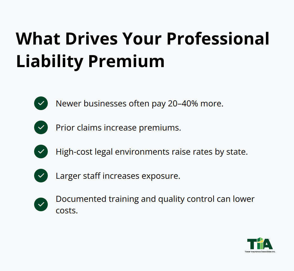 Key factors that increase or decrease professional liability insurance premiums for U.S. small businesses.