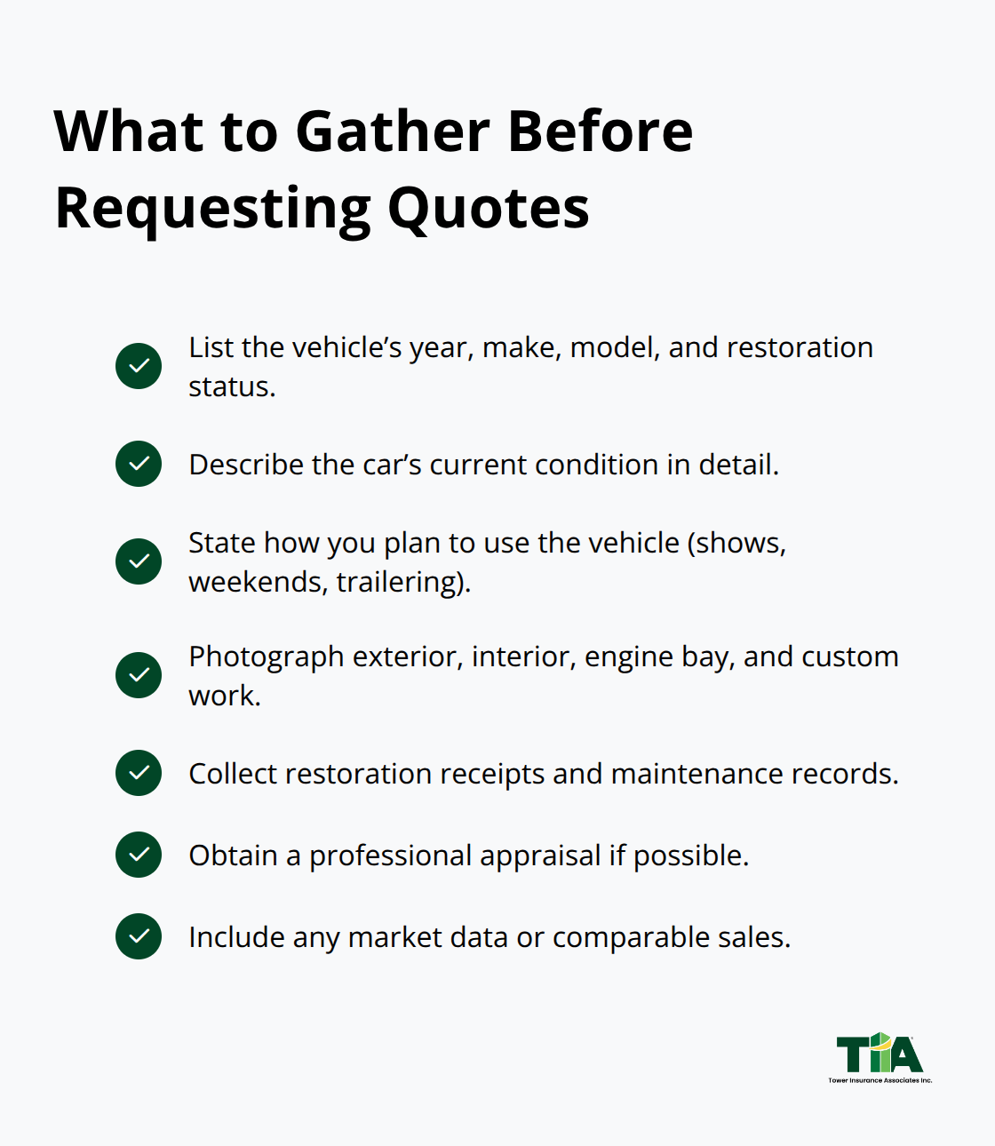 Checklist of documentation items to prepare before requesting classic car insurance quotes.